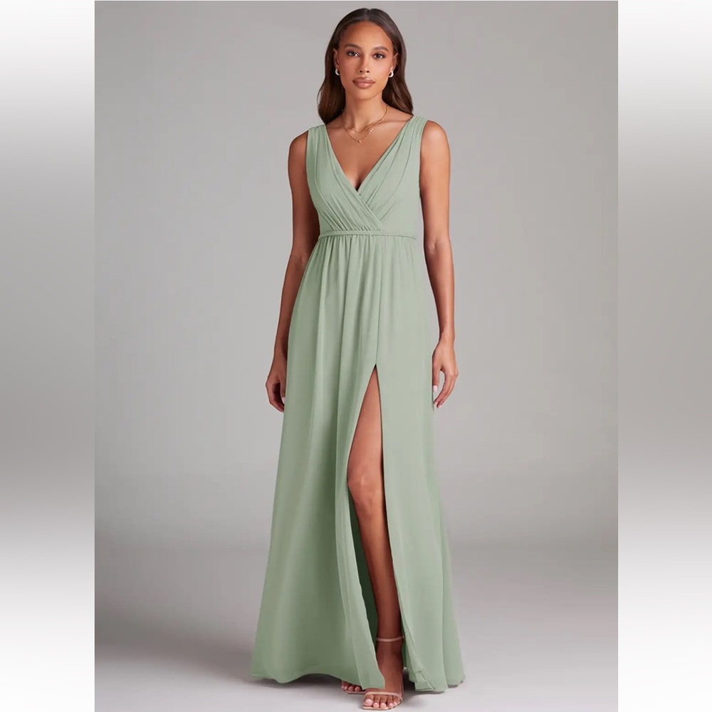 Azazie Tanacia Dusty Sage Green V-Neck Maxi Dress with Slit